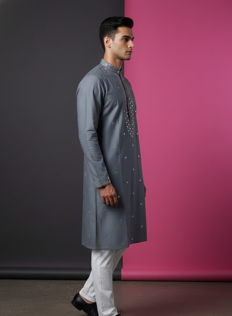Mirror work embroidered grey cotton silk kurta set — Kurta Sets — view 2 | Lehar Clothing UAE