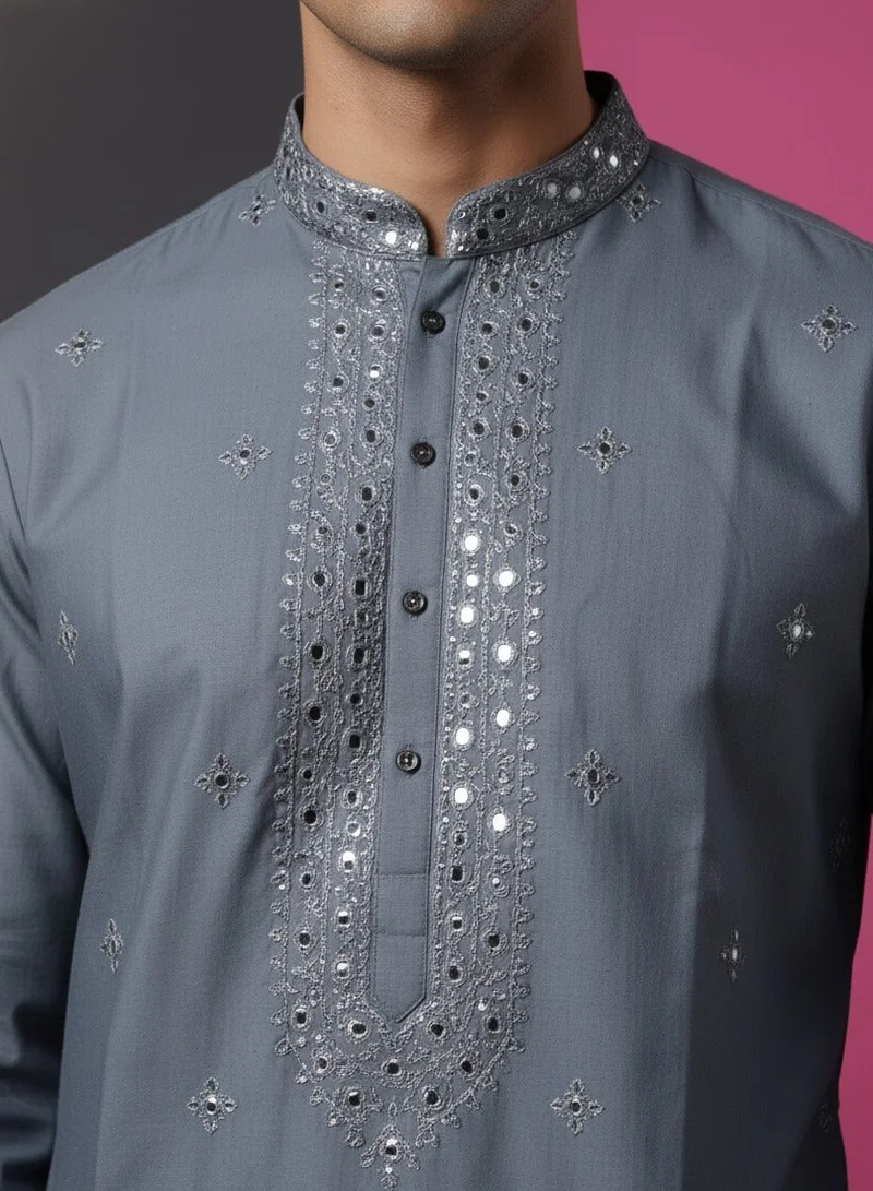 Lehar  Mirror Work Embroidered Grey Cotton Silk Kurta Set for Men | Best Price UAE