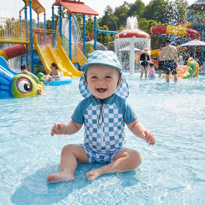 mlpeerw Baby Boy Girl Swimsuit One Piece Short Sleeve Rash Guard Zipper Swimwear Toddler Bathing Suit Infant Beach Outfits (Checkerboard-Blue, 0-3 Months) - Image 2