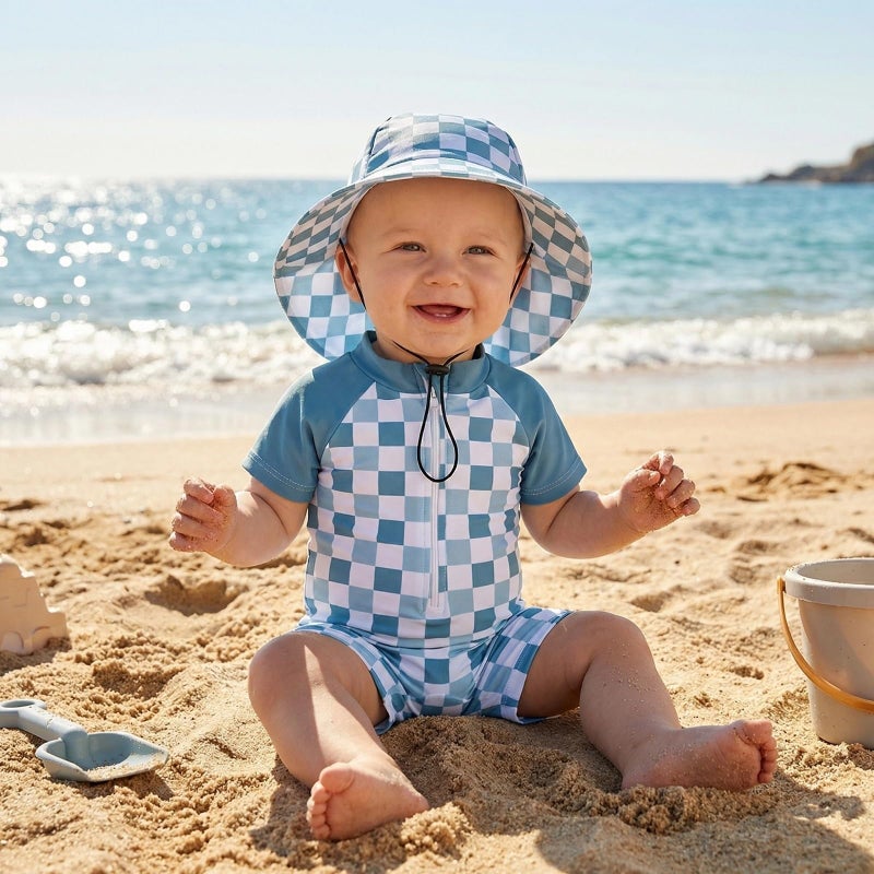 mlpeerw Baby Boy Girl Swimsuit One Piece Short Sleeve Rash Guard Zipper Swimwear Toddler Bathing Suit Infant Beach Outfits (Checkerboard-Blue, 0-3 Months) - Image 3