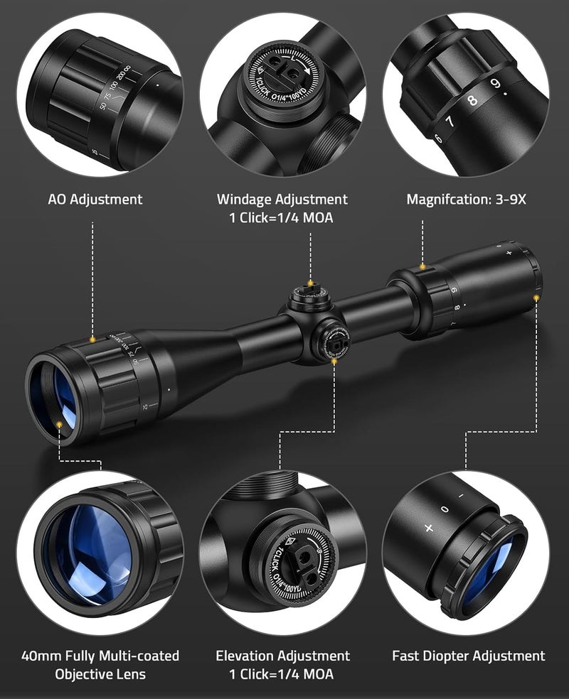 CVLIFE 3-9x40AO Rifle Scope Optics R4 Reticle Crosshair Scope with Mounts - Image 2