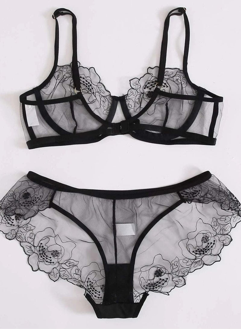 Women Fashion Lingerie Set Mesh Floral Lace Underwear & Brief Thong Bikini Set Sheer Breathable Embroidery Two Pieces  - Image 2