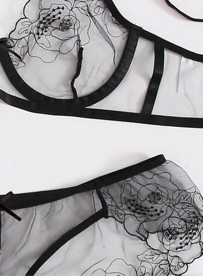 Women Fashion Lingerie Set Mesh Floral Lace Underwear & Brief Thong Bikini Set Sheer Breathable Embroidery Two Pieces  - Image 3