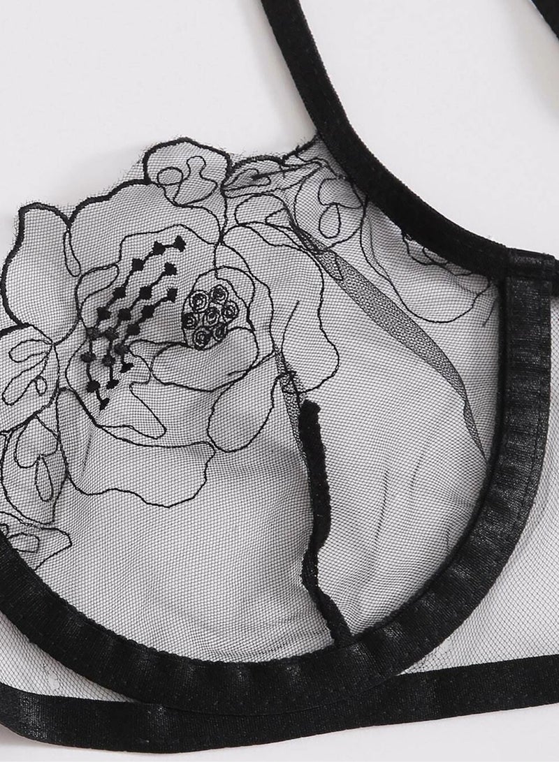 Women Fashion Lingerie Set Mesh Floral Lace Underwear & Brief Thong Bikini Set Sheer Breathable Embroidery Two Pieces  - Image 4