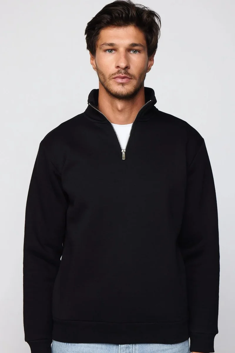 تودورس Unisex Relax Fit Comfortable Cut Cotton Fleece Inside Half Zipper Black Stand Collar Sweatshirt