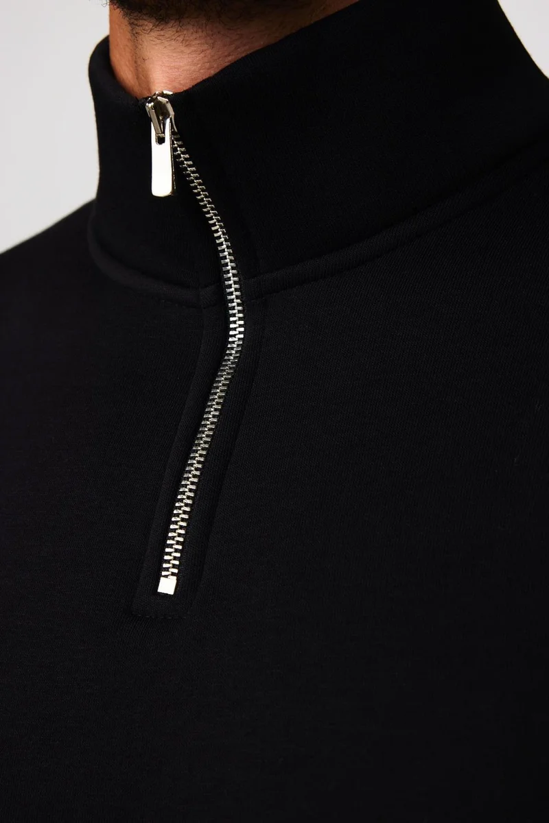 تودورس Unisex Relax Fit Comfortable Cut Cotton Fleece Inside Half Zipper Black Stand Collar Sweatshirt