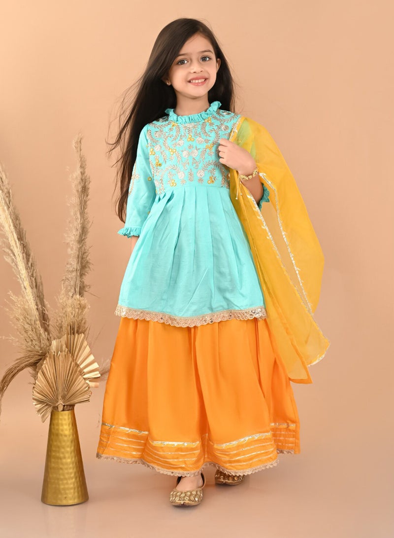 Bonkids Girls Embellished Zardozi Silk Ready to Wear Lehenga and Blouse With Dupatta - Image 1