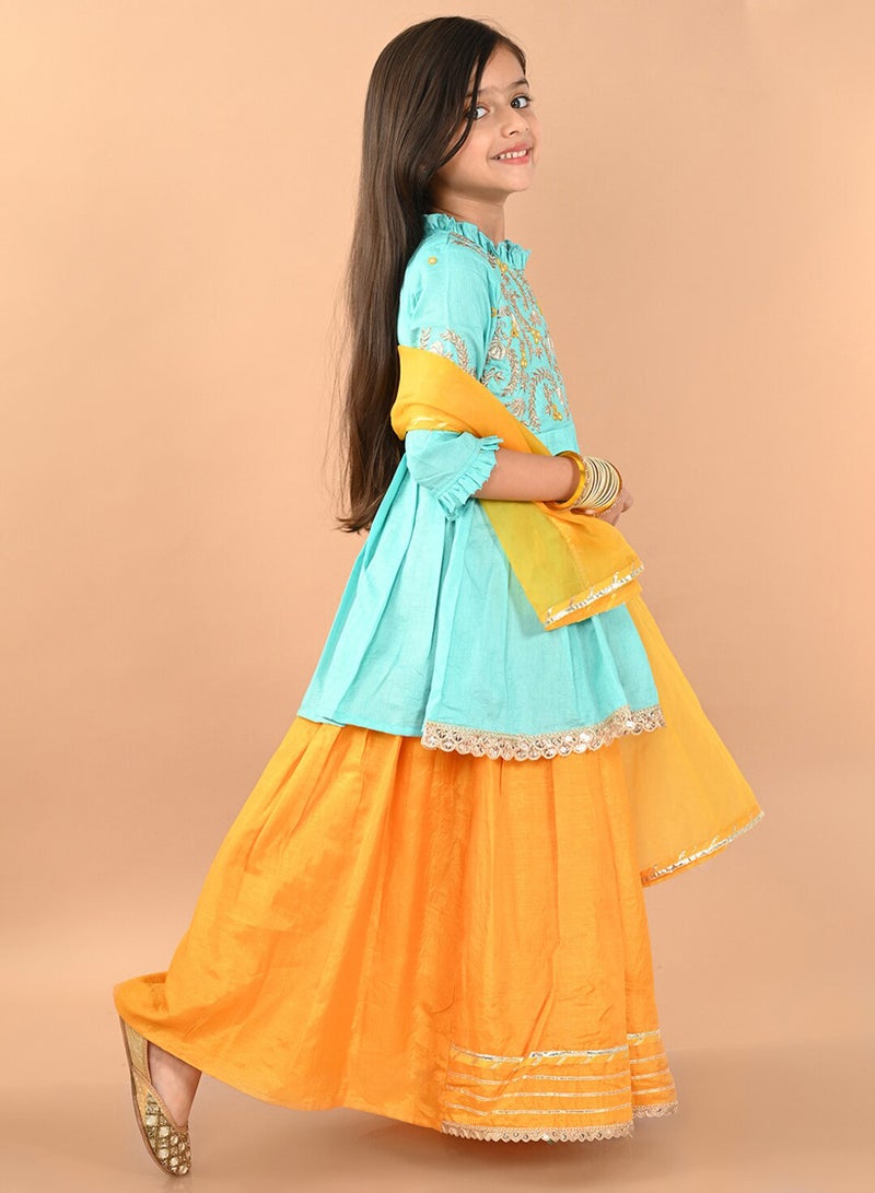 Bonkids Girls Embellished Zardozi Silk Ready to Wear Lehenga and Blouse With Dupatta - Image 3
