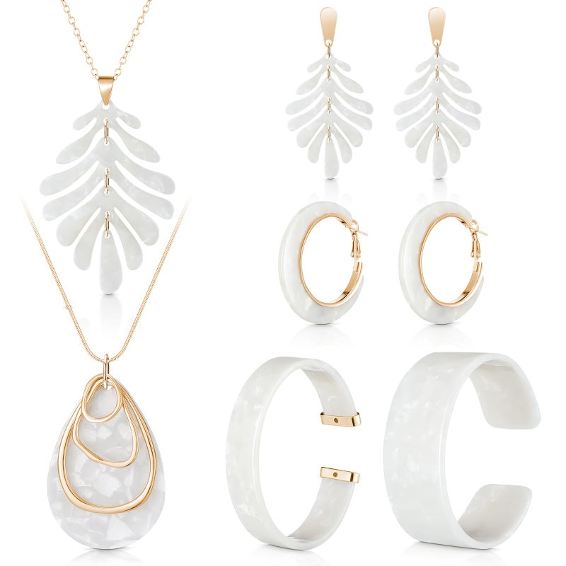 Highergo 8 Pcs Acrylic Jewelry Set Women Statement Earrings Necklace Bracelet Marble Texture Floral Necklace Set for Women(White) - Image 1