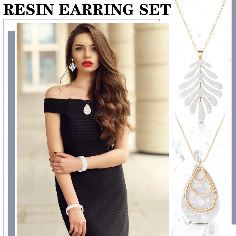 Highergo 8 Pcs Acrylic Jewelry Set Women Statement Earrings Necklace Bracelet Marble Texture Floral Necklace Set for Women(White) - Image 5