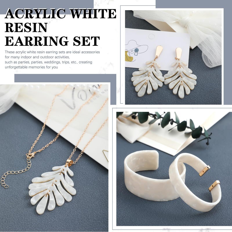 Highergo 8 Pcs Acrylic Jewelry Set Women Statement Earrings Necklace Bracelet Marble Texture Floral Necklace Set for Women(White) - Image 2
