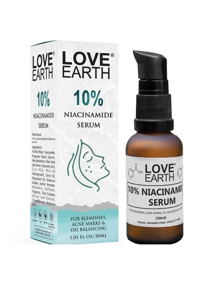 Love Earth 10% Niacinamide Serum With Aloe Vera And Olive Leaf Extract For Blemishes, Inflammation & Acne Prone Skin 30 ML - Image 1