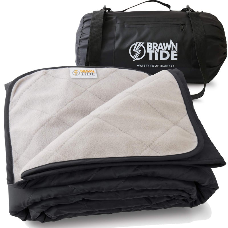 BRAWNTIDE Large Outdoor Waterproof Blanket Extra Thick Fleece Warm Windproof Sandproof Ideal for Camping Picnics Grass Stadiums Travel Hiking Pets Dogs Concerts Car SUV Truck Black