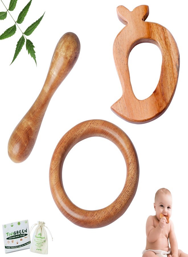 Tinigreen Fruit Ring Dumbbell Shaped Neem Wooden Teethers for 6 to 12 Months Infant Baby (Pack of 3) - Image 1