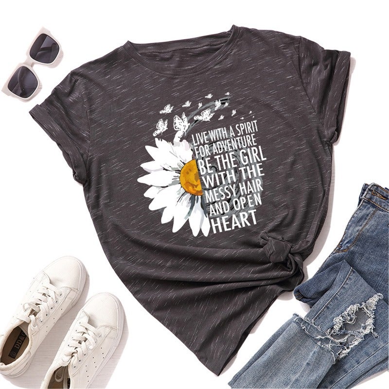 T-Shirt Popular Women'S Short-Sleeved Sunflower Spot Loose Chrysanthemum T Export T390 Women'S Round Neck - Image 3
