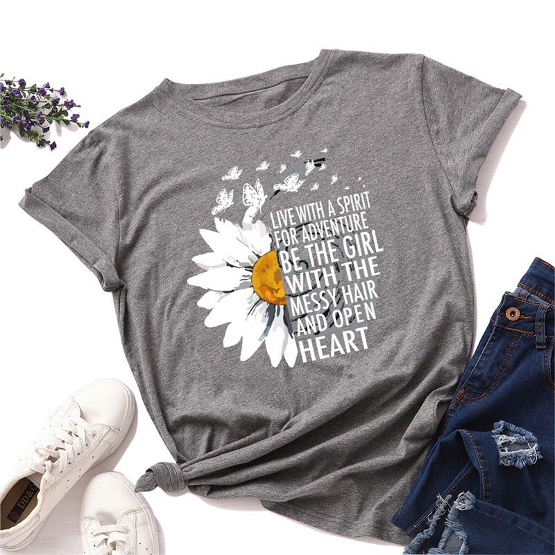 T-Shirt Popular Women'S Short-Sleeved Sunflower Spot Loose Chrysanthemum T Export T390 Women'S Round Neck - Image 4