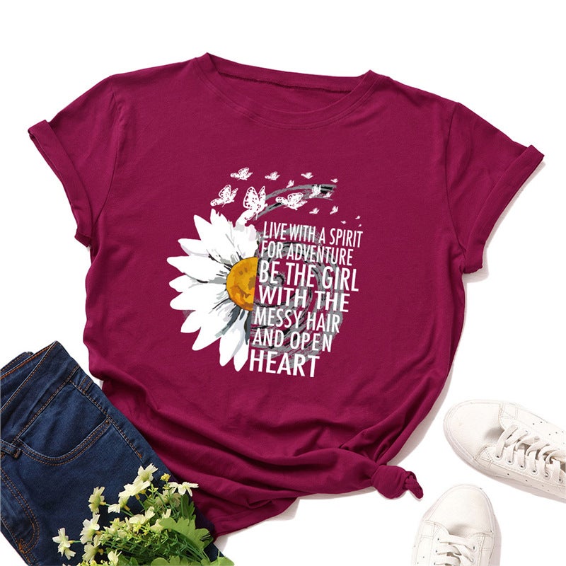 T-Shirt Popular Women'S Short-Sleeved Sunflower Spot Loose Chrysanthemum T Export T390 Women'S Round Neck - Image 5