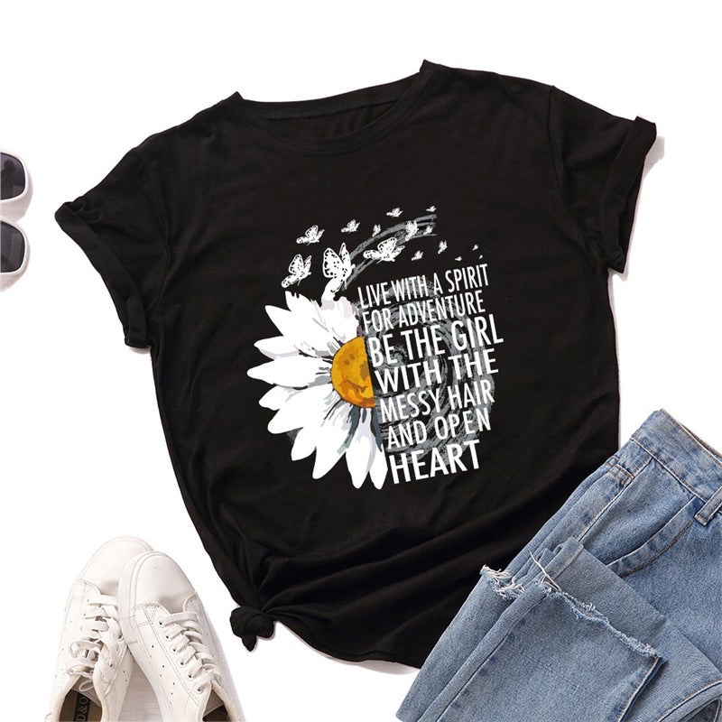 T-Shirt Popular Women'S Short-Sleeved Sunflower Spot Loose Chrysanthemum T Export T390 Women'S Round Neck - Image 2