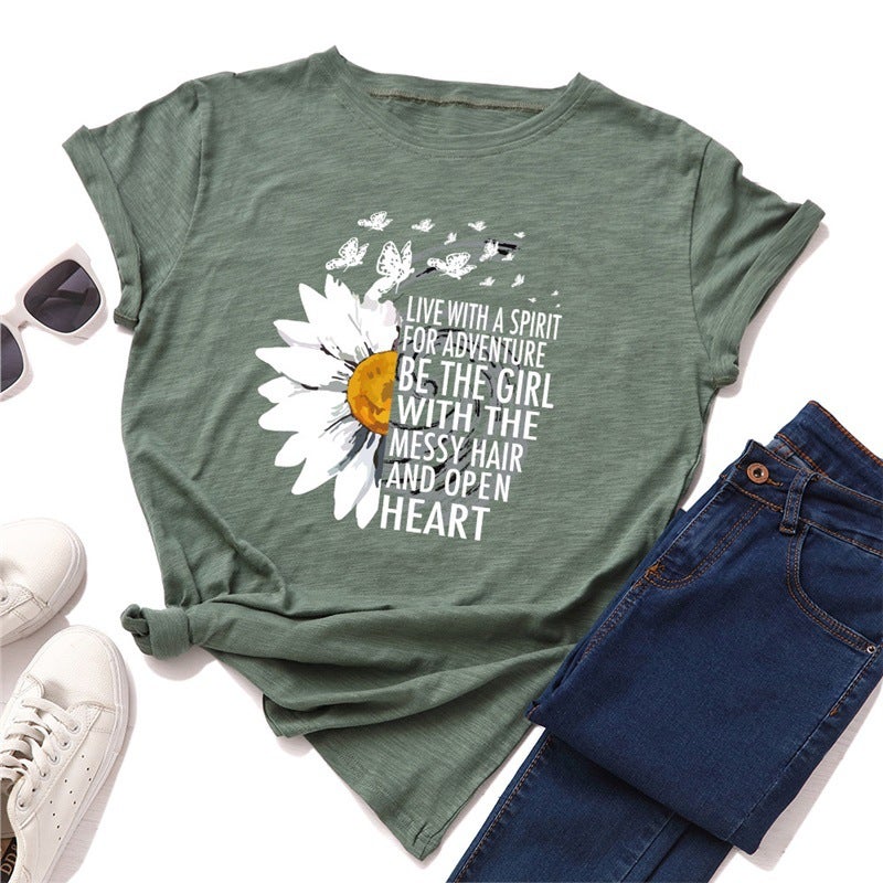 T-Shirt Popular Women'S Short-Sleeved Sunflower Spot Loose Chrysanthemum T Export T390 Women'S Round Neck - Image 1