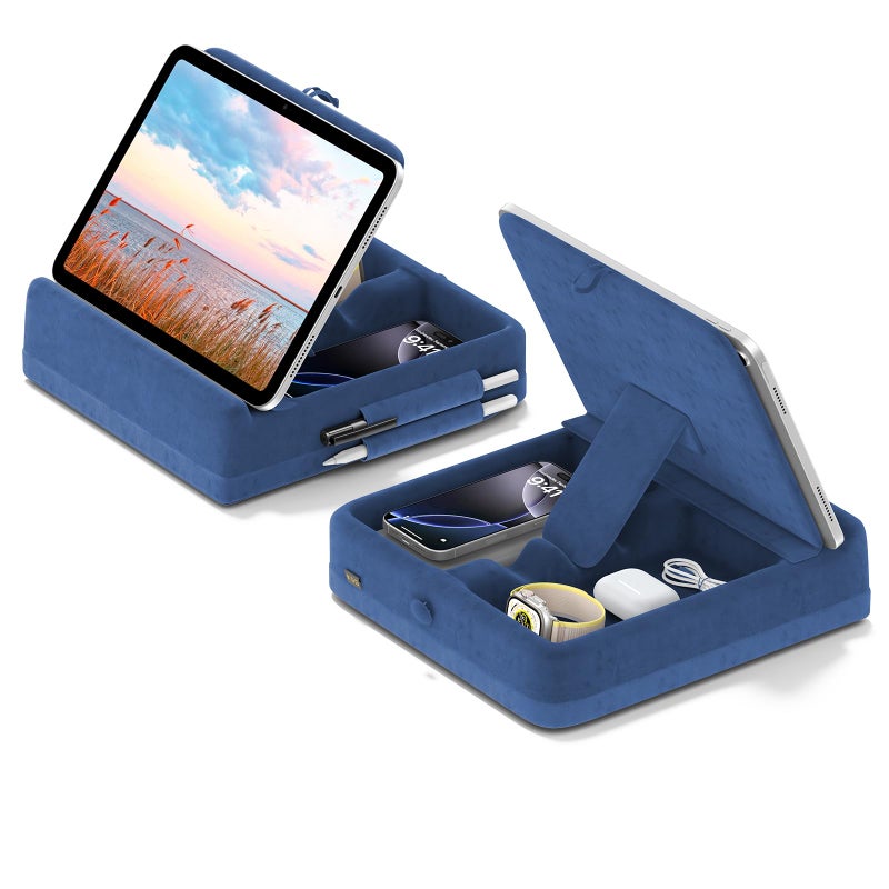 KDD Tablet Pillow Stand with Storage, Foldable iPad Holder for Lap, Desk and Bed, Angle Adjustable Soft Pad Dock with Stylus Mount Compatible with iPad Pro, Air, mini, Book, Phone and Tablet (4-13") - Image 1