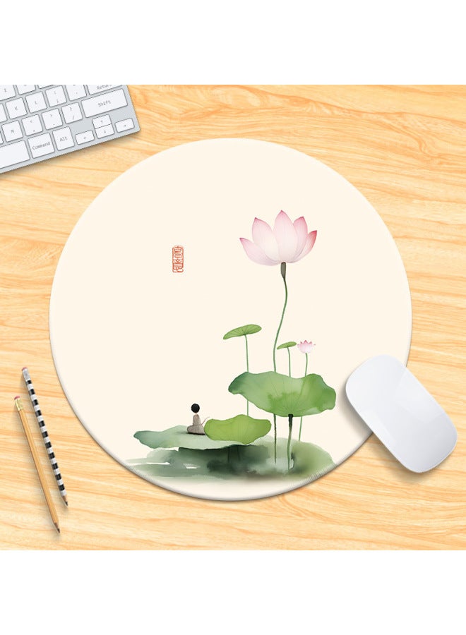 National Tide Lotus Small Size Mouse Pad Chinese Style Brush Painting Office Desk Mat Lock Edge Thickened Round Simple Flower And Bird For Men 
