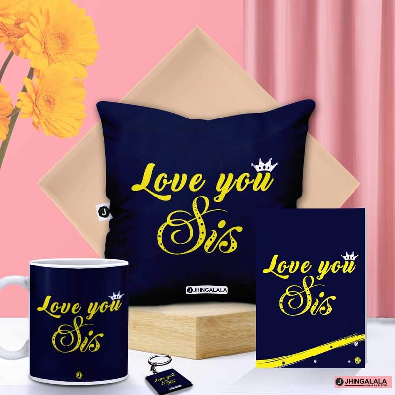 Jhingalala Jhingalala Love You Sis Printed Satin 12x12 inches Cushion with Filler Coffee Mug Key Chain Greeting Card Combo for Sister on Birthday Raksha Bandhan - Image 1