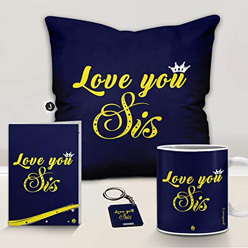 Jhingalala Jhingalala Love You Sis Printed Satin 12x12 inches Cushion with Filler Coffee Mug Key Chain Greeting Card Combo for Sister on Birthday Raksha Bandhan - Image 2