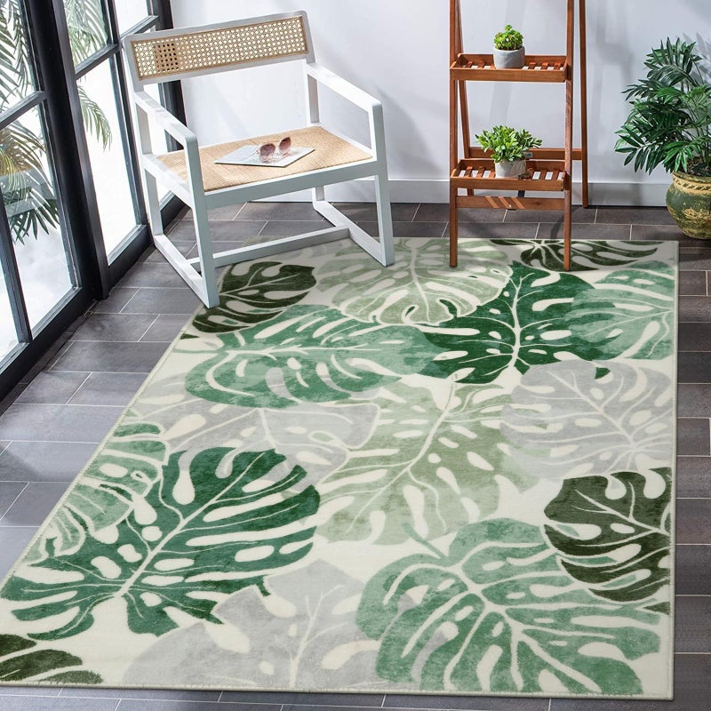 Wonnitar Monstera 3x5 Washable Rug, Sage Green Leaf Area Rugs for Bedroom, Non-Slip Living Room Entry Throw Mat, Low Pile Faux Wool Indoor Carpet for Kitchen Bathroom Office - Image 1
