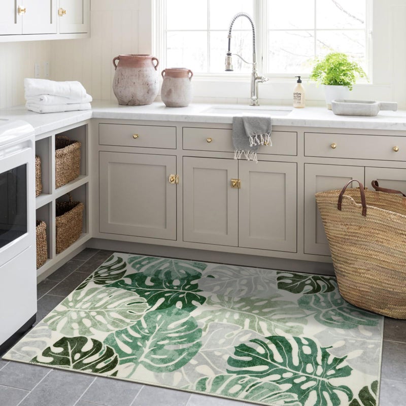 Wonnitar Monstera 3x5 Washable Rug, Sage Green Leaf Area Rugs for Bedroom, Non-Slip Living Room Entry Throw Mat, Low Pile Faux Wool Indoor Carpet for Kitchen Bathroom Office - Image 5