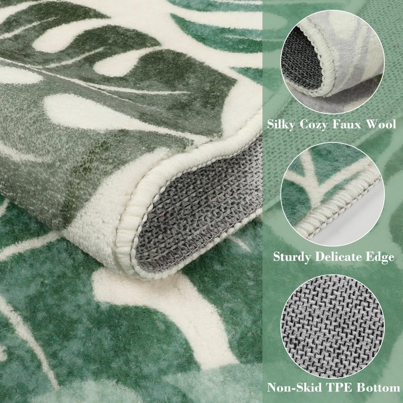Wonnitar Monstera 3x5 Washable Rug, Sage Green Leaf Area Rugs for Bedroom, Non-Slip Living Room Entry Throw Mat, Low Pile Faux Wool Indoor Carpet for Kitchen Bathroom Office - Image 2