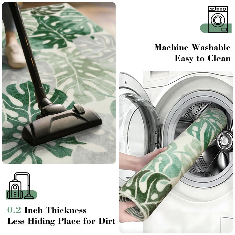 Wonnitar Monstera 3x5 Washable Rug, Sage Green Leaf Area Rugs for Bedroom, Non-Slip Living Room Entry Throw Mat, Low Pile Faux Wool Indoor Carpet for Kitchen Bathroom Office - Image 3