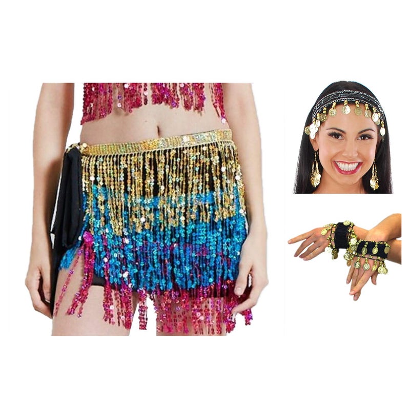 Vritraz Women's Chiffon Belly Dance Hip Scarf Waistband Belt Skirt with Ringy Golden Coins (Pack of 3) - Image 1