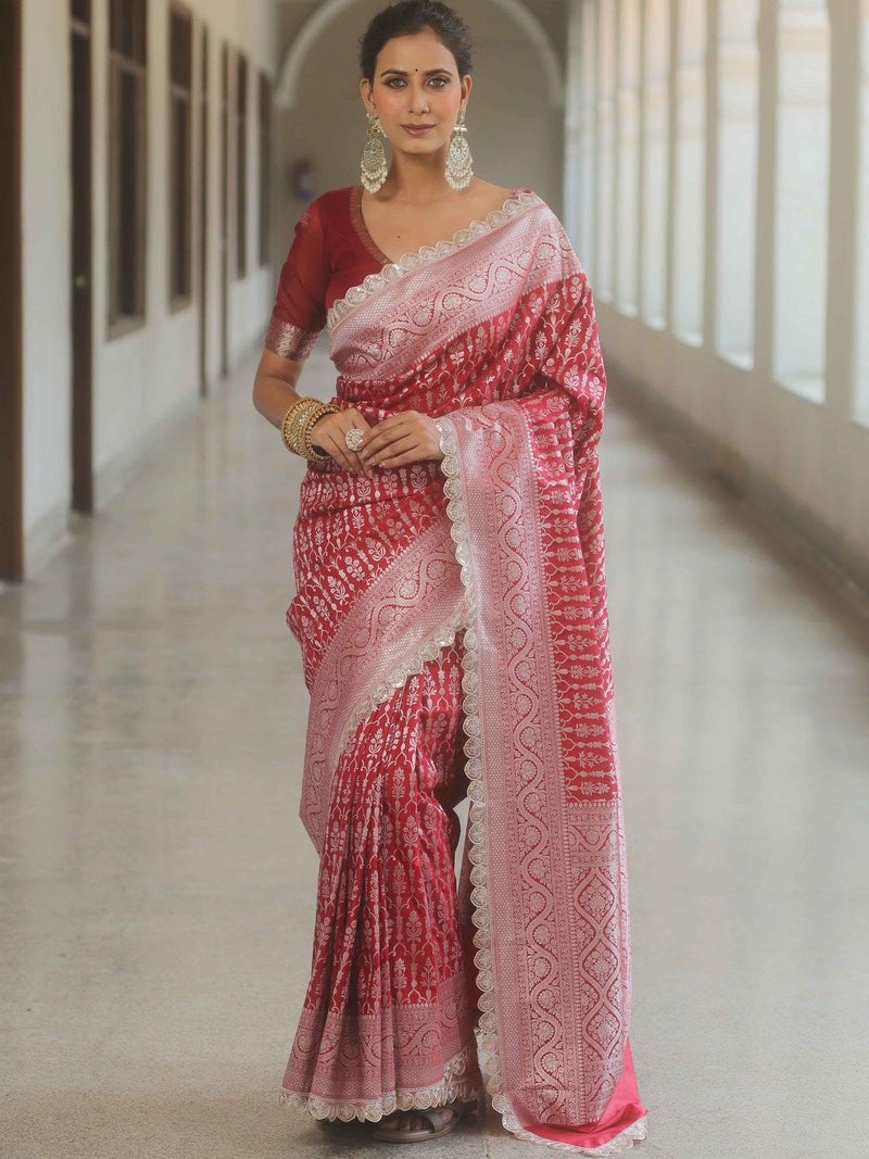 SGF11 Women's Kanjivaram Soft Silk Saree With Unstitched Blouse Piece (Red) - Image 5
