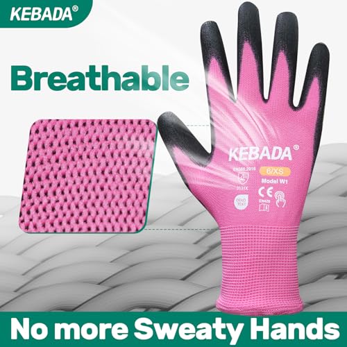 Kebada W1 Work Gloves Women, PU Coated Safety Gloves with Grip, Touchscreen, Ideal for Warehouse Package Handling, Construction, Gardening, Pink X-Small - Image 5