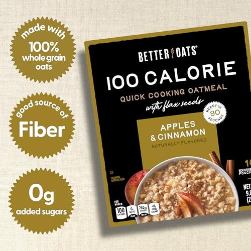 Better Oats 100 Calorie Apples and Cinnamon Oatmeal Packets, Instant Breakfast with Flax Seeds and Natural Apple-Cinnamon Flavor, Quick Cooking, Box of 10 Pouches (Pack of 6) - Image 2