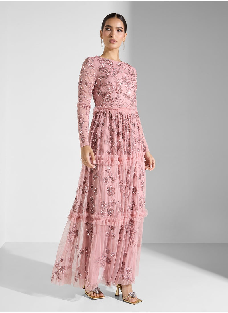 Maya Long Sleeve Round Neck Embellished Modest Maxi Dress  - Image 1
