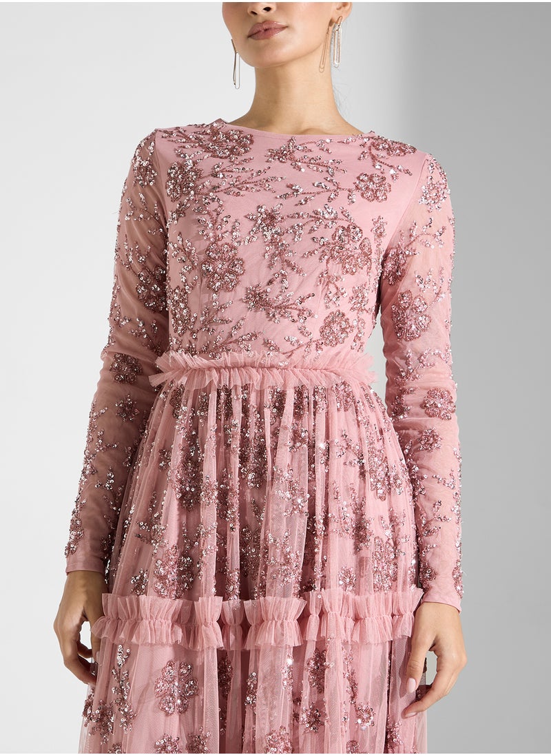 Maya Long Sleeve Round Neck Embellished Modest Maxi Dress  - Image 3