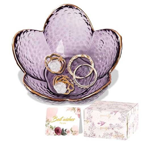 Binoster Purple Flower Jewelry Dish Glass Ring Dish Jewelry Tray Cute Vanity Organiser Room Decor Aesthetic Nightstand Bathroom Decor Trinket Dish Ring Holder Valentine's Friendship Birthday Gifts for Women - Image 1