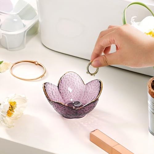 Binoster Purple Flower Jewelry Dish Glass Ring Dish Jewelry Tray Cute Vanity Organiser Room Decor Aesthetic Nightstand Bathroom Decor Trinket Dish Ring Holder Valentine's Friendship Birthday Gifts for Women - Image 2