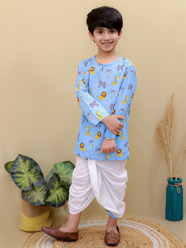 superminis Baby Boys Cotton Animal Print Full Sleeves Side Button Kurta with Dhoti Kurta Set For Boys (3-6 Months, White Sky Blue) - Image 2