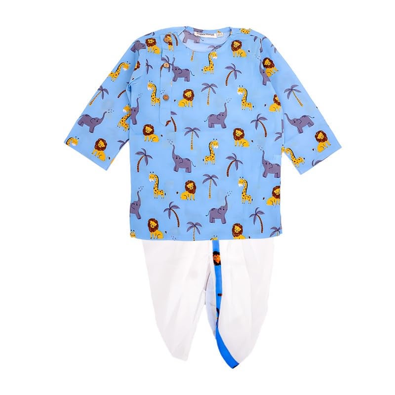 superminis Baby Boys Cotton Animal Print Full Sleeves Side Button Kurta with Dhoti Kurta Set For Boys (3-6 Months, White Sky Blue) - Image 1