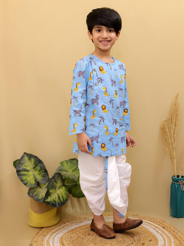 superminis Baby Boys Cotton Animal Print Full Sleeves Side Button Kurta with Dhoti Kurta Set For Boys (3-6 Months, White Sky Blue) - Image 4