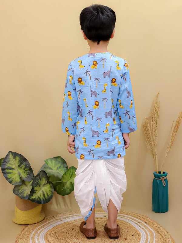 superminis Baby Boys Cotton Animal Print Full Sleeves Side Button Kurta with Dhoti Kurta Set For Boys (3-6 Months, White Sky Blue) - Image 3