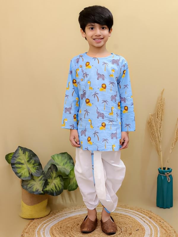 superminis Baby Boys Cotton Animal Print Full Sleeves Side Button Kurta with Dhoti Kurta Set For Boys (3-6 Months, White Sky Blue) - Image 5