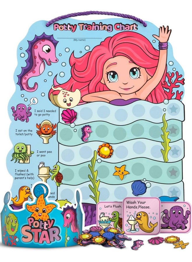 Putska Potty Training Reward Chart - Potty Training Chart with 35 Reusable Stickers, Crown, and Instructional Stickers - Mermaid - Image 1