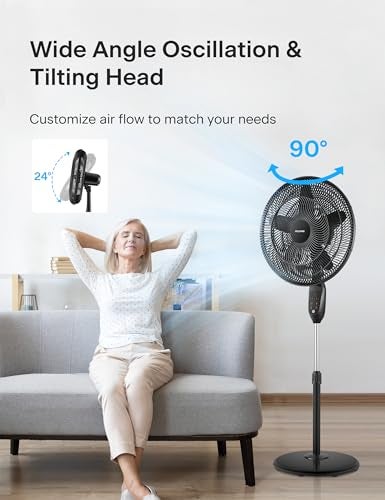 PELONIS PFS45A5BBB 18 inch 5-Blade Oscillating, Adjustable Standing Pedestal Remote, LED Display, 5 Speed Setting and 7-Hour Timer Fan, Black - Image 2