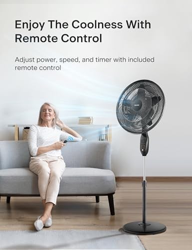 PELONIS PFS45A5BBB 18 inch 5-Blade Oscillating, Adjustable Standing Pedestal Remote, LED Display, 5 Speed Setting and 7-Hour Timer Fan, Black - Image 3