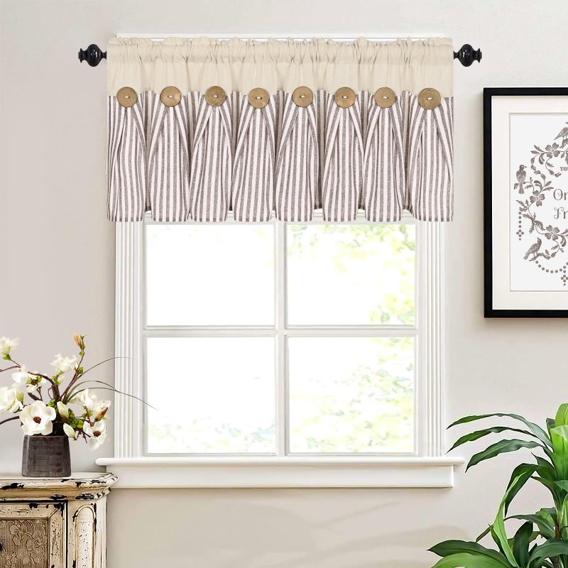 ASPMIZ Cotton Linen Kitchen Valance Curtains, Boho Rustic Button Valances for Windows Farmhouse Style, Brown Stripe Valance Window Treatments Tiers, Window Valances for Bathroom Cafe, 52 x 18 Inch - Image 2