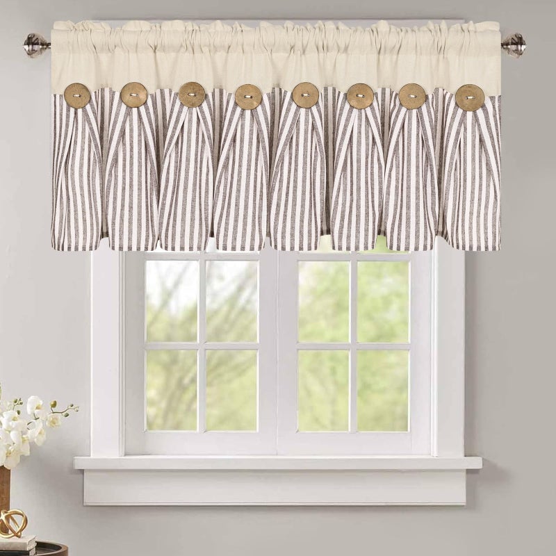 ASPMIZ Cotton Linen Kitchen Valance Curtains, Boho Rustic Button Valances for Windows Farmhouse Style, Brown Stripe Valance Window Treatments Tiers, Window Valances for Bathroom Cafe, 52 x 18 Inch - Image 1