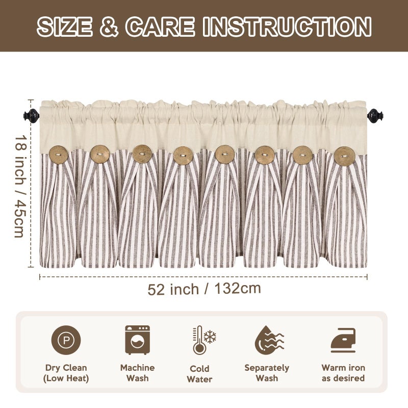 ASPMIZ Cotton Linen Kitchen Valance Curtains, Boho Rustic Button Valances for Windows Farmhouse Style, Brown Stripe Valance Window Treatments Tiers, Window Valances for Bathroom Cafe, 52 x 18 Inch - Image 5